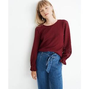 Madewell Texture & Thread Eyelet Mix Ruffle‎ Sleeve Top Size XL Dusty Burgundy